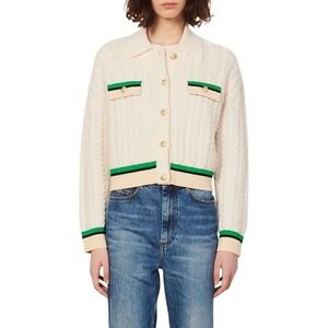 Sandro Idriss Wool Cable Knit Boxy Collared Cardigan Sweater Cream 0/XS fits M